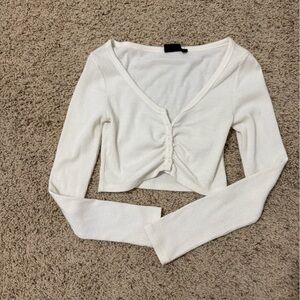 Princess Polly Cream Ribbed V-Neck Blouse